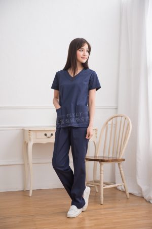 【MIT台灣製造】 女V領刷手衣褲- 藏青色 (左肩雙釦) 短袖
